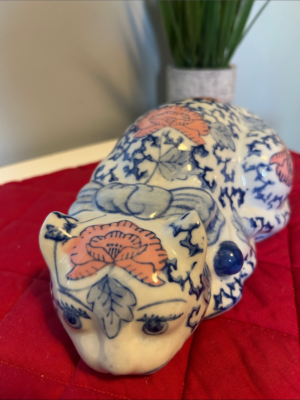 Vintage Porcelain Cat Figurine
Hand Painted Blue & Pink Floral Chinoiserie 8.25”